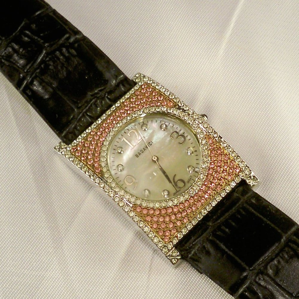 NEW Badavici Pink Cubic Zirconia Mother of Pearl, *Alligator, Leather Watch